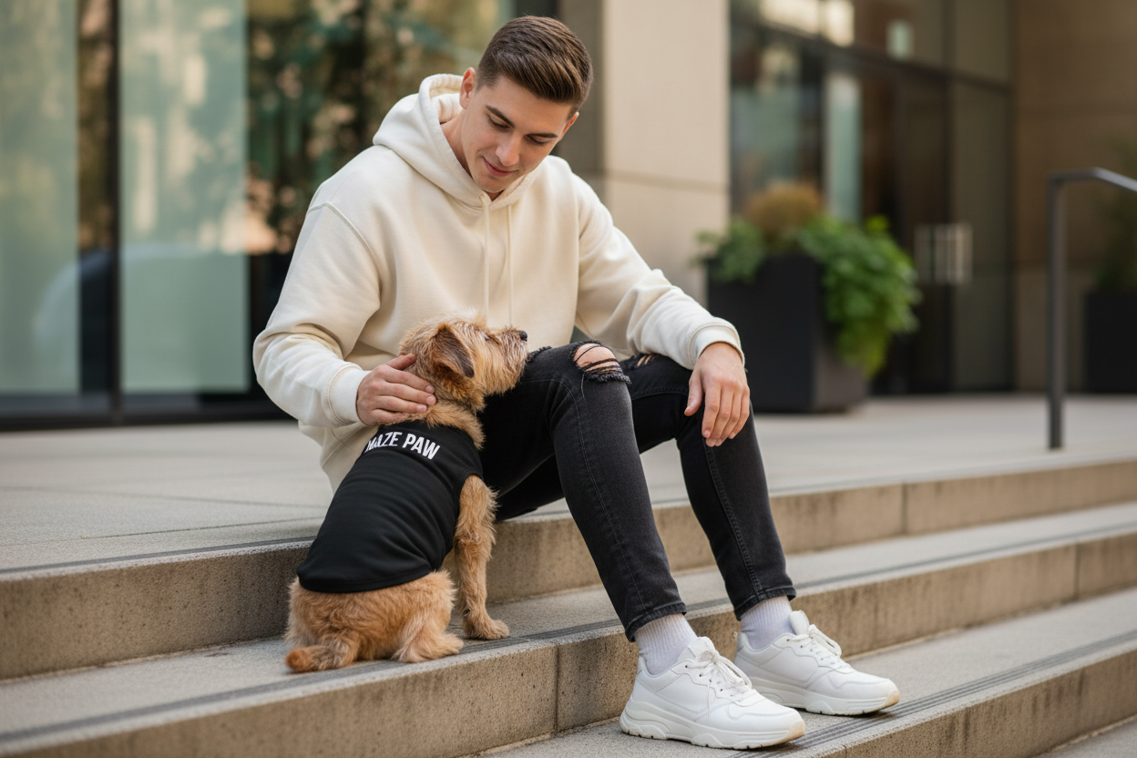 Lifestyle photo - dog from back showing HAZE PAW logo