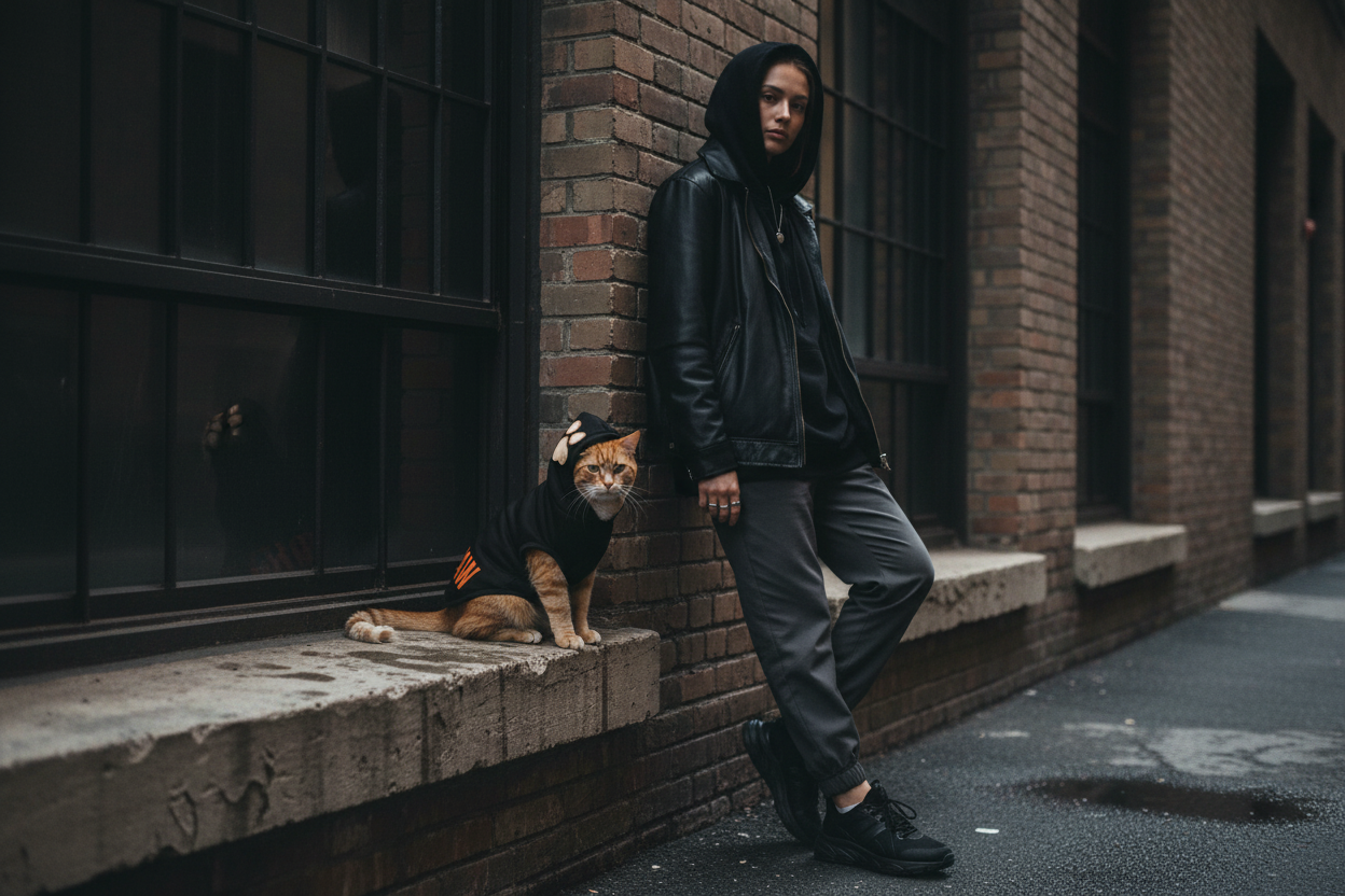 Mockup gato naranja con hoodie HAZEPAW